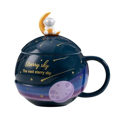 China Manufacturer Wholesale Ceramic Coffee Mug Novelty Viable Planet Shape Tea Cup With Lid And Spoon for sale