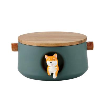 China Wholesale Chinese Cute Dog Design Stocked Instant Noodle Ceramic Bowl With Lid for sale