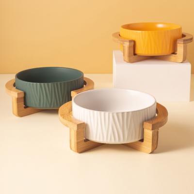 China Non-automatic Pet Bowl Elevated Travel Ceramic Pet Bowls With Wooden Stand for sale