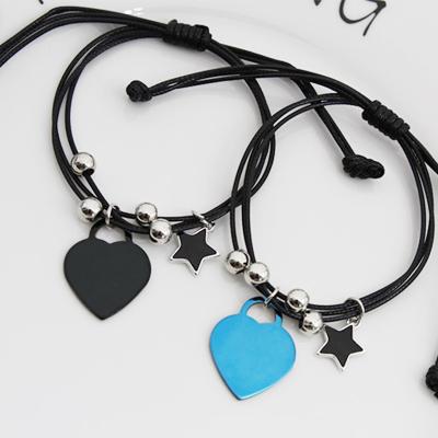 China Other Heart Charm Simple Silver String Bracelet Handmade Color Rope Braided Thread Romantic Black Bracelets For Women Men for sale