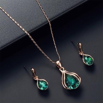 China Other Elegant Water Drop Rhinestone Blue Green Jewelry Sets Exquisite Shiny Crystal Wedding Earrings Necklace For Women New Trend Gift for sale