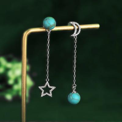 China The Other Asymmetrically Inlaid Shining Star Moon With Turquoise Tassels Earrings Retro Style Design Jewelry Gift Earrings for sale