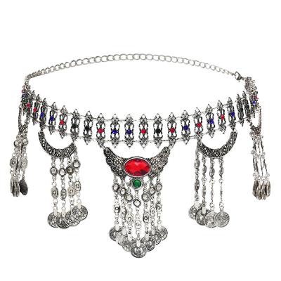 China Shiny Boho Gypsy Hippy Flower Metal Color Dress Belt Belly Dance Turkish Bohemian Waist Chain Coins Indian Sexy Body Jewelry for sale