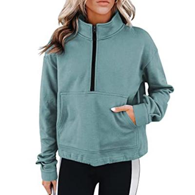 China Anti-Wrinkle Women Fashion Casual Half Zip Up Sweatshirts Womens Long Sleeve Lapel Solid Sweatshirts Loose Pullover Tops With Pocket for sale