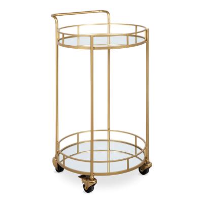 China Minimalist Rolling Wheeled Design Mirrored Shelves Round Gold Finish Modern Trolley Bar Cart for sale