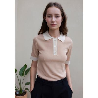 China New Anti-wrinkle Women's Slim Fit Shorts Sleeve Solid Color Shorts Sleeve Lapel Knit Upper Bottom Shirt for sale