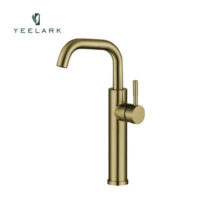 China Faucets Modern Design Brush Luxury Gold Metered Single Lever SUS304 Deck Mounted Hot And Cold Water Mixer Basin Faucet Bathroom Faucet for sale