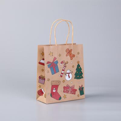 China Recyclable Custom Logo Printed Goody Party Gift Xmas Merry Christmas Kraft Paper Carrier Bag for sale