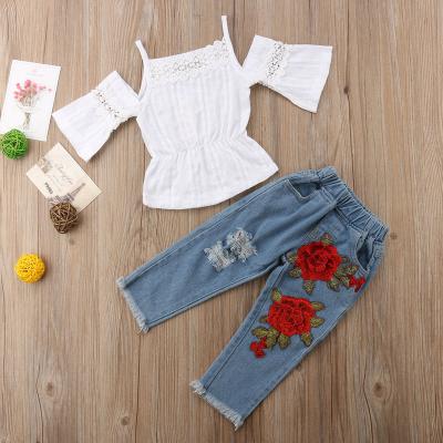 China Casual Sweated White Long Sleeve Clothing Set Cotton Two Piece Jeans Strapless Suit for sale