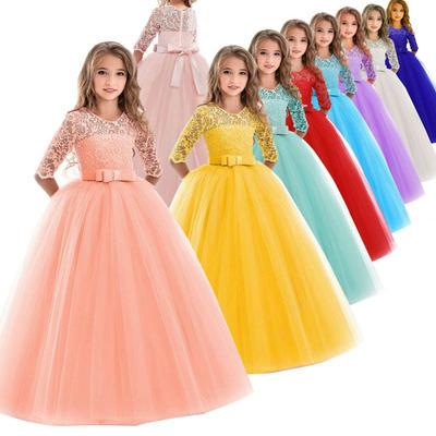 China Factory Wholesale Breathable Bowknot Girls Long Dress High Quality Girls Pink Sleeve Dress for sale