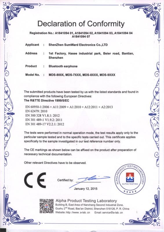 CE-RTTE Certificate--Earphone - ShenZhen Sumward Electronics Co., LTD