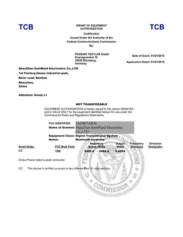 FCC-ID certificate V4.0-Earphone - ShenZhen Sumward Electronics Co., LTD