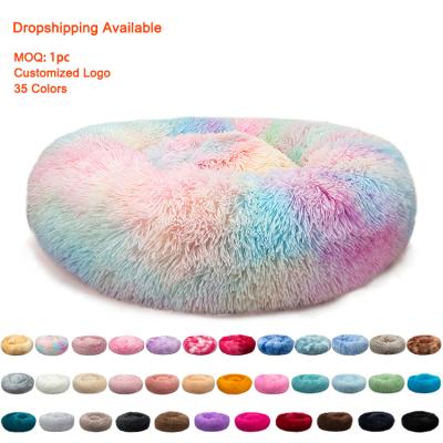 China Jhome Breathable Pampers Ikat Ombre Colors Dropshipping Luxury Fluffy Pet Bed RTS Calming Soft Donut Warm Dog Bed Around Eco-Friendly Washable for sale