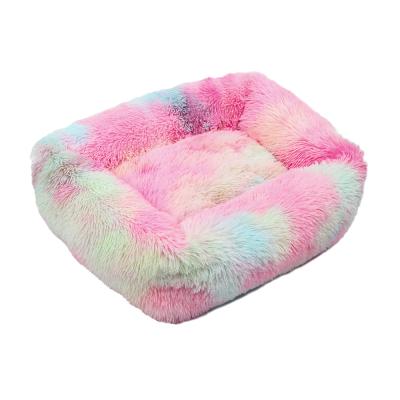 China Jhome Breathable Pampers Luxury Oblong Calming Fluffy Pet Bed Dropshipping Washable Ikat Ombre Colors Faux Fur Dog Bed Rectangle Soft Plush Pet Bed for sale