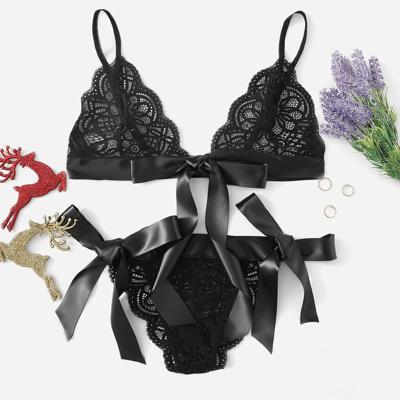 China Sexy Flirt Sexy Lingerie Bow Lingere Set Three Point Lace Exotic Transparent Bra and Panties Set Women Suggest Underwear for sale