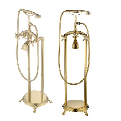 China With Slide Bar Modern Brushed Gold Brass Floor-Standing Bathtub Faucet Single Hole With Handheld Shower Mixer for sale