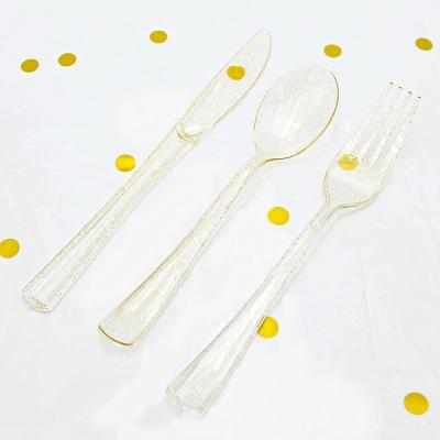 China Traditional Gold Plastic Silverware Set Glitter Gold Flatware Fork Knife Spoon Disposable Flatware Set Fancy Party Utensils for sale