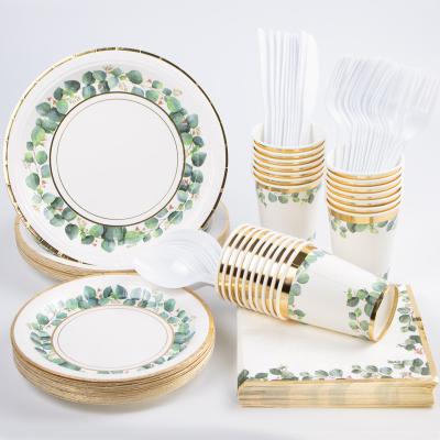 China Outdoor Tableware Happy Birthday Wedding Party Phnom Penh Green Leaves Disposable Dinnerware Suit Set Soup Plate Napkin Knife Fork Paper Set for sale