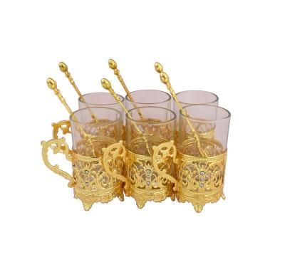 China Luxury High Quality China Metal Ramadan Coffee Mug Flower Glass Tea Cup Set With Spoons for sale