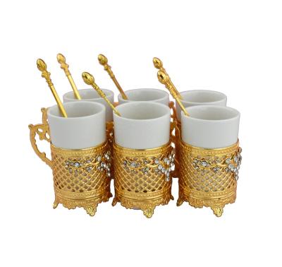 China High Quality India Metal Diamond Flower Pottery Porcelain Mug Tea Cup Set With Spoons for sale