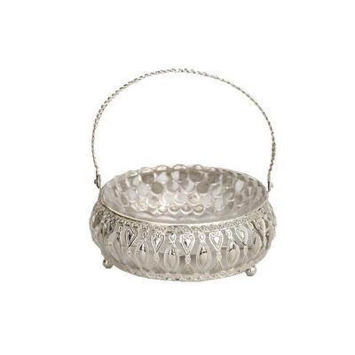 China Viable Home Decoration Metal Frame Silver Glass Sugar Nut Bowl With Handle for sale