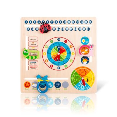 China Multifunctional Plywood 6 In 1 Wooden Educational Baby Hanging Clock Calendar Toy For Kids 3+ for sale