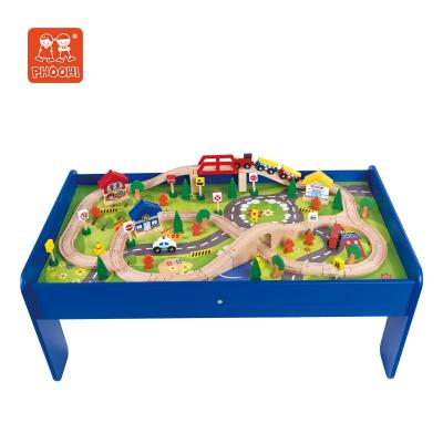 China Wooden Preschool Toy Train Slot Toy Children Educational Toys Set Train Track For Children 95 Pcs Train Set With Playtable for sale