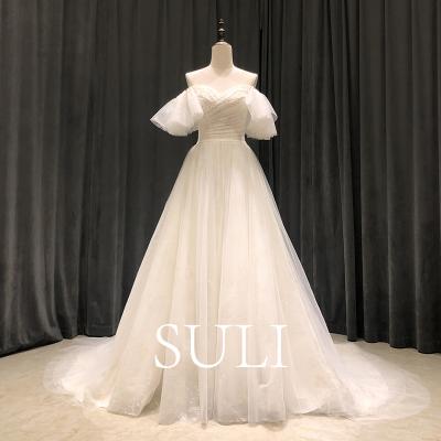 China Simple Boho Floor Length Tulle Bride Long One Piece Dress Anti-Static Chic Dress Off The Shoulder Wedding Dresses For Civil Party Dress SULI 9013 for sale