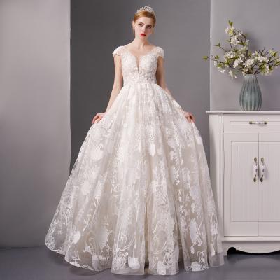 China Real Photo SL6073 Anti-Static A Line Wedding Dress Boho Wedding Dress Lace Flower Beaded Backless V Neck Plus Size Wedding Dresses Cap Sleeve for sale