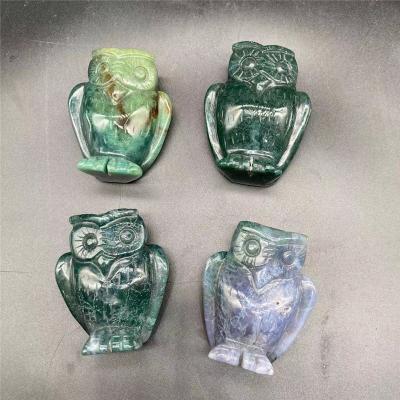 China Healing Stone Moss Agate Crystal Owl from Europe Crystal Carving Animals Folk Crafts for sale