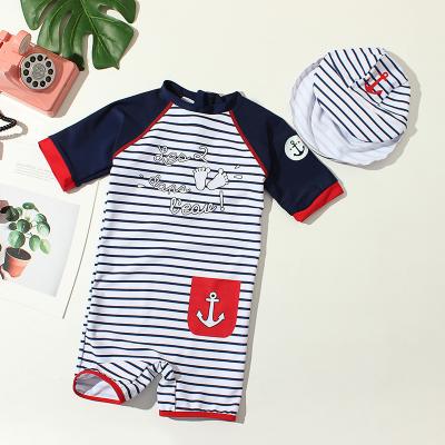 China POLYESTER Shortsleeve One Piece Swimwear/NYLON Baby Boy Kids Swimwear with Sun Block Hat for sale