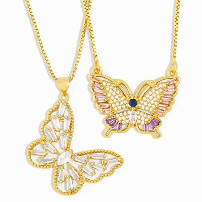 China High Quality Environmental Friendly Shiny Cubic Zircon Butterfly Chain Crystal Butterfly Necklace Gold Plated Pendant Jewelry for sale