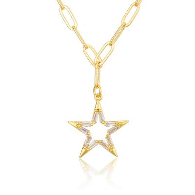 China The Shinny Paperclip Chain Environmental Friendly Shiny Copper Necklace The Zircon Star Pentagon Pendant Necklace for sale