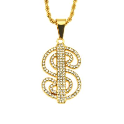 China Wholesale Environmental Friendly HipHop Fashion Cheap Price Women Zircon Diamond Sign Money Necklace Men S Gold Letter Dollar Chain Crystal Necklace for sale