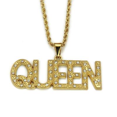 China Amazon Hot Sale HipHop Style Men Rhinestone Crystal Necklace Charm Full Diamond Environmentally Friendly Women Letter QUEEN Gold Plated Necklace for sale