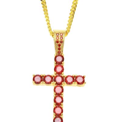 China Environmental Friendly Red Zircon Jewelry Jesus Cross Pendant Necklace Christian Hip Hops Multi Color Shiny Cubic Zircon Cross Necklace for sale