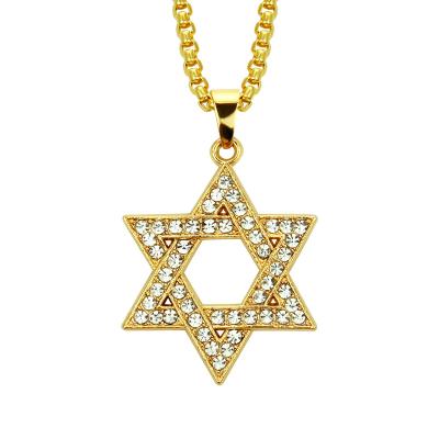 China Geometric Hexagon Crystal Diamond Gold Star Necklace Jewelry Hiphop Style Hollow Environmentally Friendly Religious Hexagram Necklace for sale