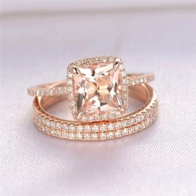 China Square Shape Design Environmental Friendly Cubic Zirconia Three Piece Rose Gold Wedding Rings Set for sale