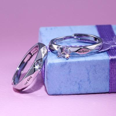 China FASHIONABLE Korean Couple Wedding Engagement Ring Set Ring Lettering King And Queen Jewelry Adjustable Size Ring for sale