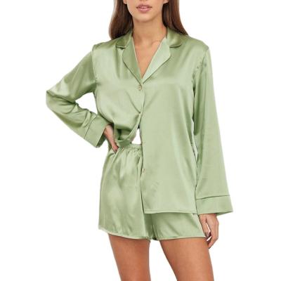 China QUICK DRY High Quality Green Sleepwear Women's Elegant Silk Long Sleeve Satin Pajamas Shorts Pants Pajama Set for sale