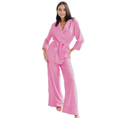 China QUICK DRY Custom Luxurious Long Sleeve Robe Short Pants Set Sleepwear Women Satin Silk Pajama Sets Two Piece Robe for sale