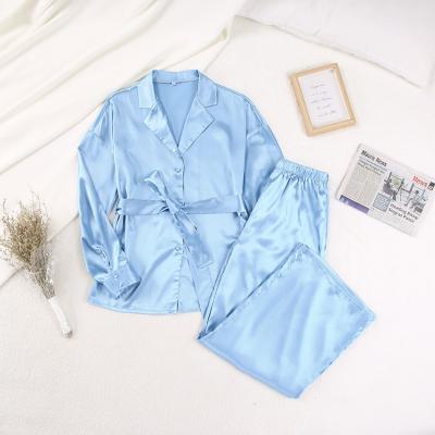 China Free Shipping Long Sleeve QUICK DRY Loungewear Plus Size Two Piece Milk Silk Satin Pajamas Set Women for sale