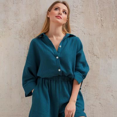 China QUICK DRY Custom Solid Color Shortsleeve Cardigan Pajamas Crepe Shorts Ladies Loungewear for sale