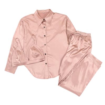 China Customs Service QUICK DRY Women's Satin Silk Pajamas Long Sleeve Button Down Set of 3 Piece Sleepwear Pajamas Loungewear for sale