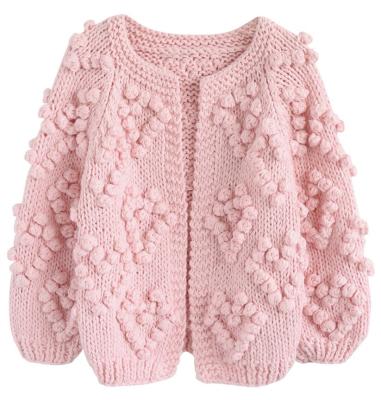 China Anti-pilling Girls Retro Flesh Pink Hand Knitted 3D Yarn Balls Cardigan for sale