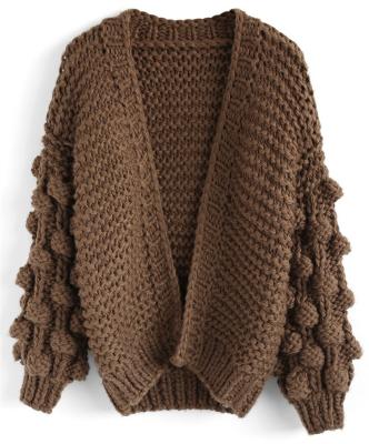 China Anti-pilling Women Brown Knitted Sweater Handmade Knit Pom Pom Sleeve Cardigan for sale