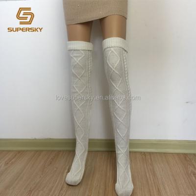 China Extra Thick Cream Diamond Cable Thigh High Daily Life Socks /Women Knitted Leg Warmers/Boot Knitting Socks for sale