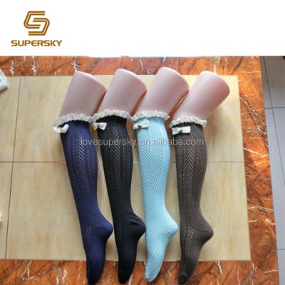 China Daily Life Knee High Crochet Boot Socks For Women Cotton Knit Lace Trim Leg Warmers With Button And Bow for sale