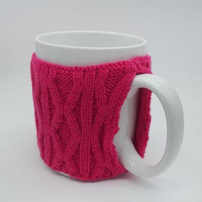 China Cozy Red Coffee Pattern Viable Crochet Cozy Knitted Sleeve For Cup Warmer Fashion Mug Cover With Netting for sale