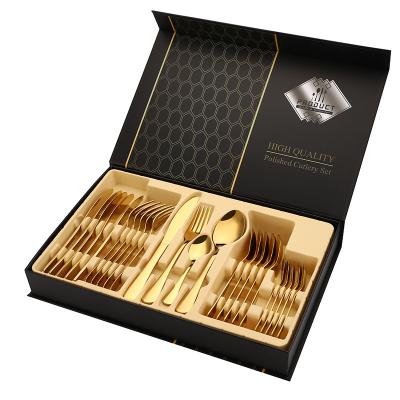 China Hot Viable Selling Amazon Luxury 1010 24 Pcs Stainless Steel Gold Flatware Set Silverware With Gift Box Case Wholesale for sale